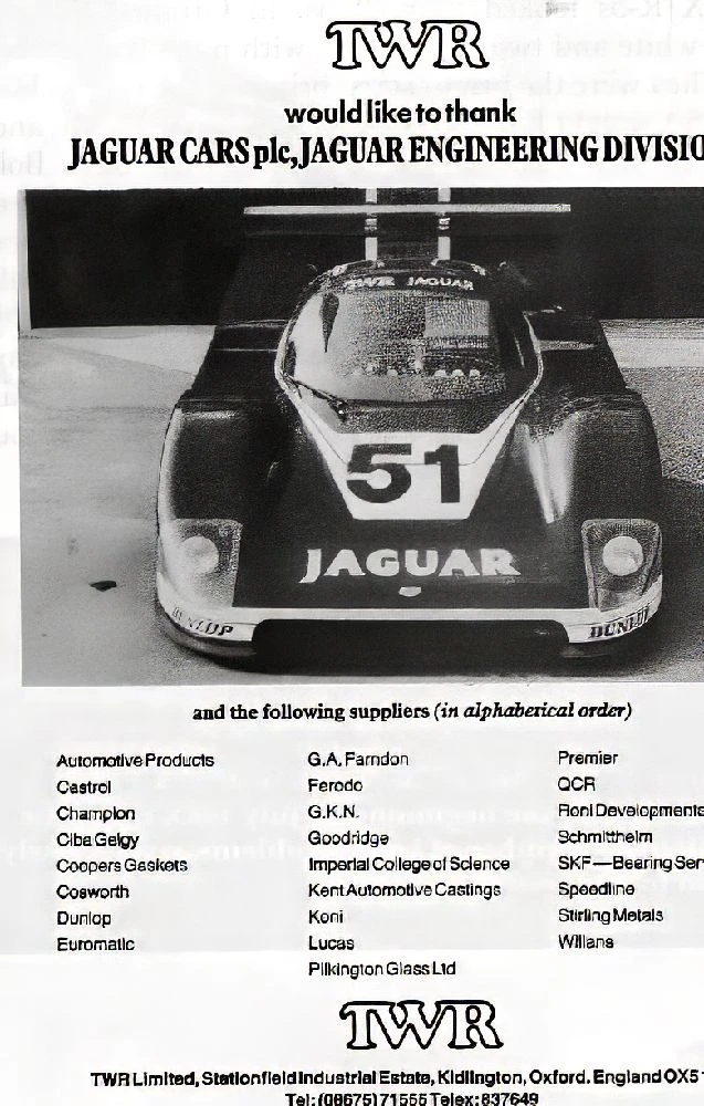 TWR thank-you advertisement with Jaguar XJR-6 and supplier list
